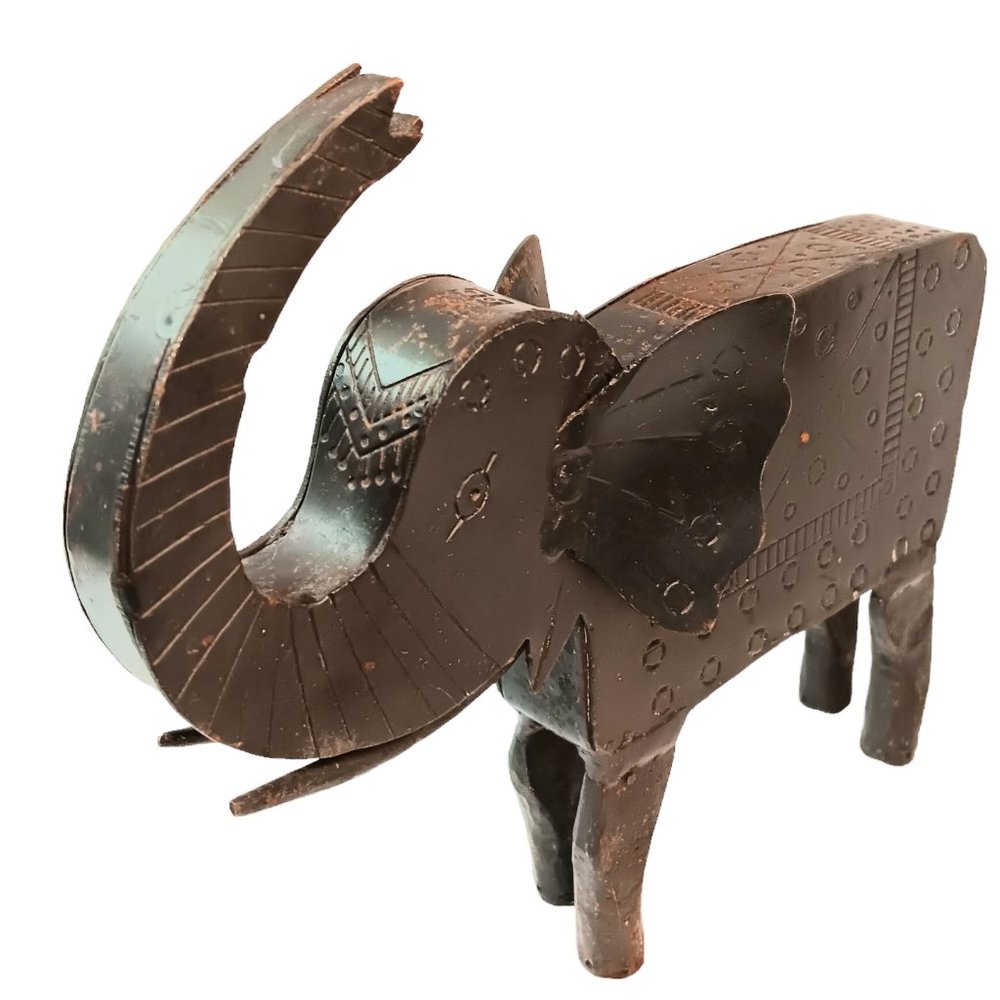 Metal Elephant Figurine Trunk Up Folk Art Designs Etched into Metal